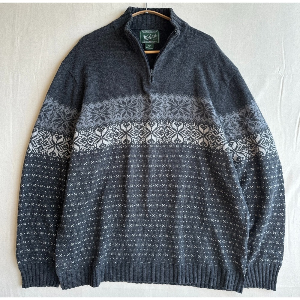 Woolrich Mens XL 1/4 Zip Sweater Charcoal Gray Fair Isle Merino Wool Blend Knit